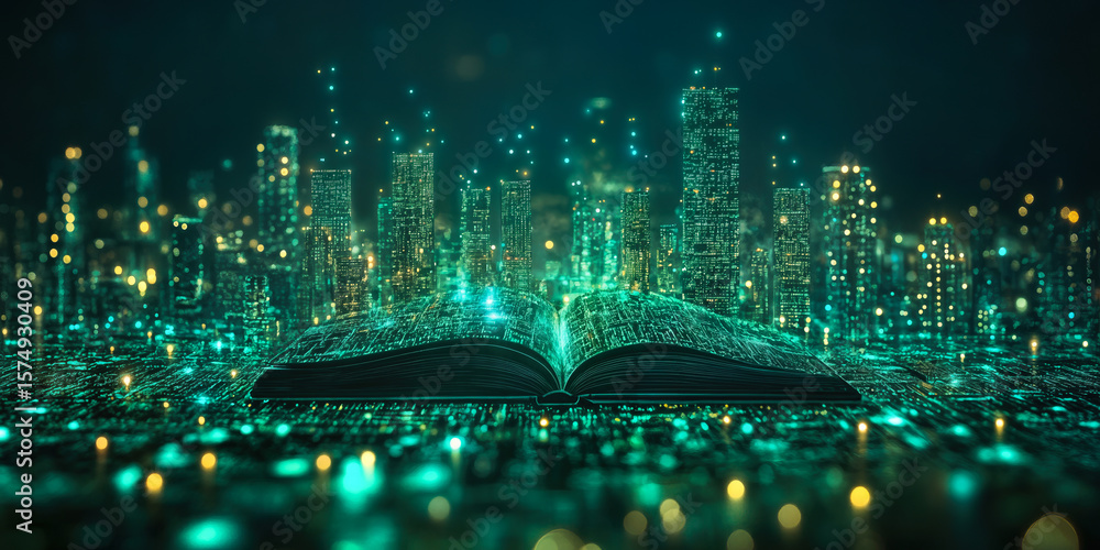 Poster open futuristic digital book with glowing holographic cityscape and data streams representing smart 