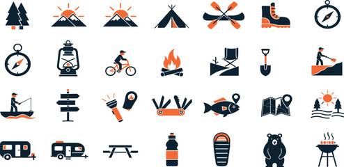 Camping, outdoor adventure icon set. Vector glyph pictograms of eco-tourism, tent, backpack, campfire, compass, kayak, hiking, travel, wilderness exploration black silhouette illustration