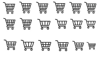 Shopping Cart Icons: A collection of diverse shopping cart icons, varying in size and arrangement, perfect for website design or app interfaces. 