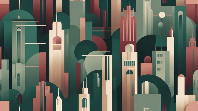 Flat geometric composition in muted wine, green and brown tones, abstract cityscape with buildings, cars and people.