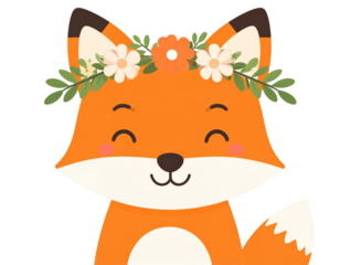 smiling baby fox with flower crown, flat illustration, transparent background