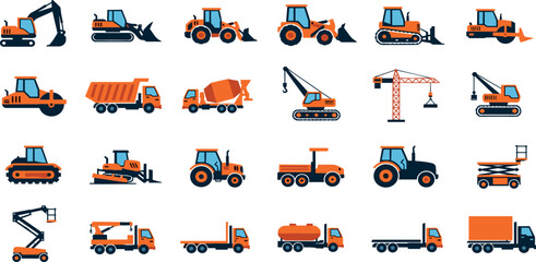 Construction vehicle line icon set. Vector pictograms of bulldozer, loader, grader, paver, roller, lowboy hauler, utility, concrete mixer, thin linear illustration