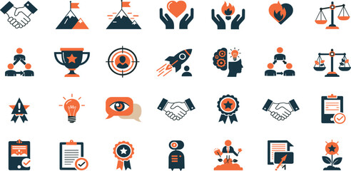 Core values line icon set. Vector pictograms of principles, business ethics, teamwork, leadership, diversity, integrity, trust, innovation, sustainability thin linear illustration
