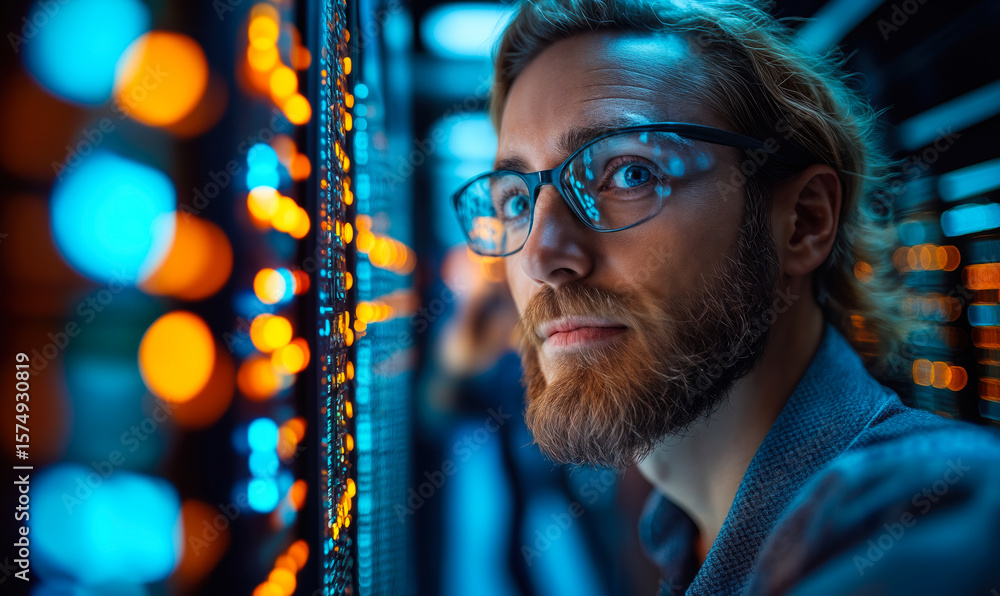 Poster young male it technician monitoring server racks with glowing network indicators in data center envi