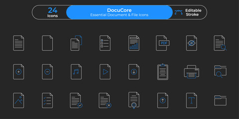 Outline document icon set with blue accents for digital file and data management, DocuCore File Icons, Minimal File Symbol Pack, Document UI Icons, Editable File Type Graphics