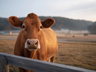 Brown cow standing near wooden fence in a serene homestead setting, surrounded by lush fields and soft morning light, embodying rural tranquility and farm life