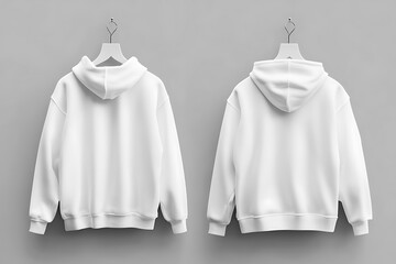 Stylish white hooded sweatshirt showcased from the back on a hanger against a gray backdrop, ideal for fashion design.