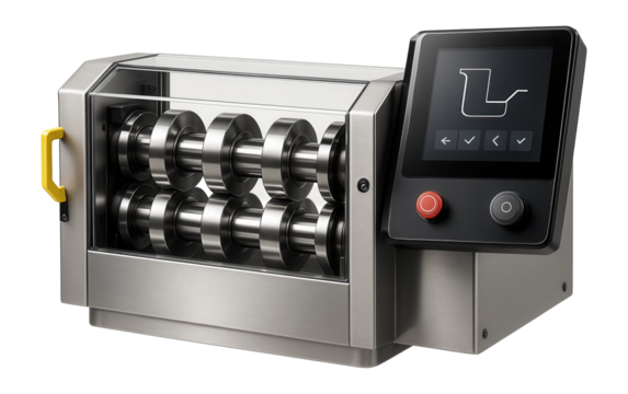Automated roll forming system with a touch-screen control panel for user-defined profile settings in a manufacturing environment