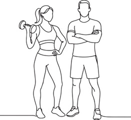 Male and Female Fitness Instructors Standing Together Line Art on White