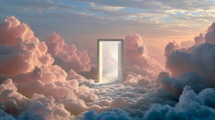 Surreal scene of an open door floating among soft, colorful clouds with a glowing path leading through it into the light.