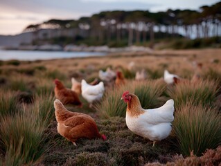 Homestead-style vegetable garden featuring free-range chickens roaming among lush greenery, showcasing a vibrant ecosystem and sustainable farming practices in a serene rural setting