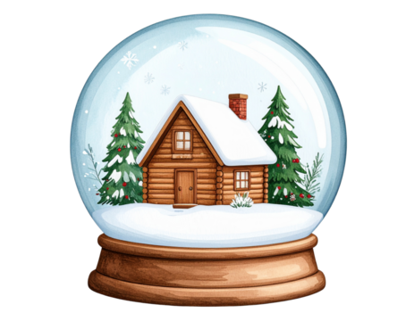 snow globe with tiny cabin and snow, cozy illustration, transparent background