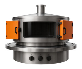 Rotary hearth furnace with a circular, rotating platform and enclosed heating chamber for a forging plant