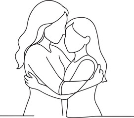 Mother and Daughter Hugging Together Family Love Line Drawing on White