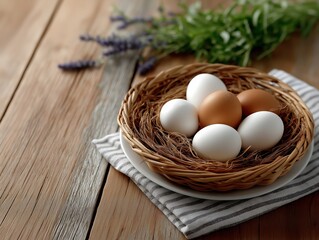 Freshly gathered eggs in a rustic woven basket on a wooden table, surrounded by lavender sprigs and a striped cloth, showcasing homestead-style farm life and natural beauty