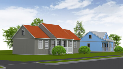 Two small houses with a porch on a green lawn with trees and bushes next to the road against the background of the sky with clouds. 3d illustration
