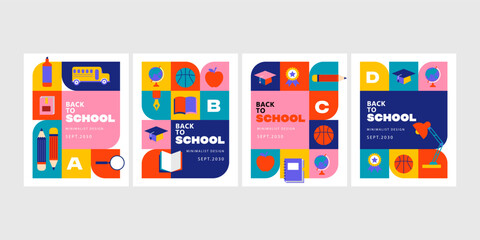 trendy minimalist back to school poster collection with flat education elements