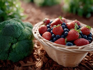 Freshly harvested strawberries and blueberries in woven basket beside vibrant broccoli, showcasing urban farming produce in a lush vegetable garden setting
