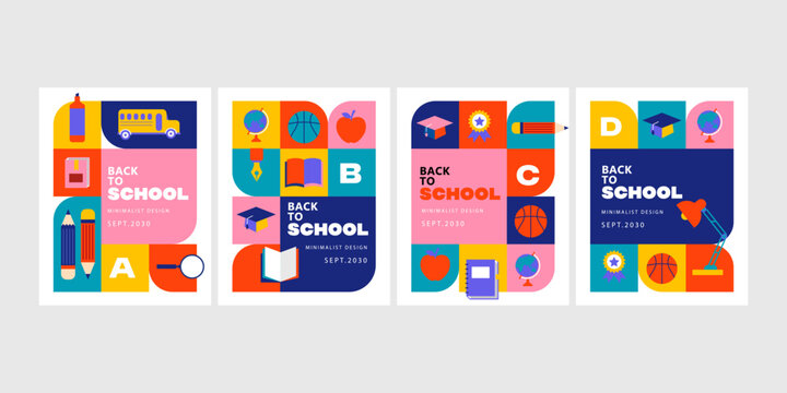 trendy minimalist back to school poster collection with flat education elements