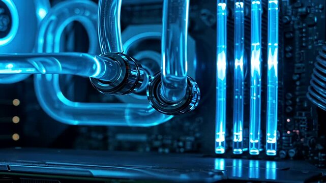 Glowing blue PC components with liquid cooling and RAM