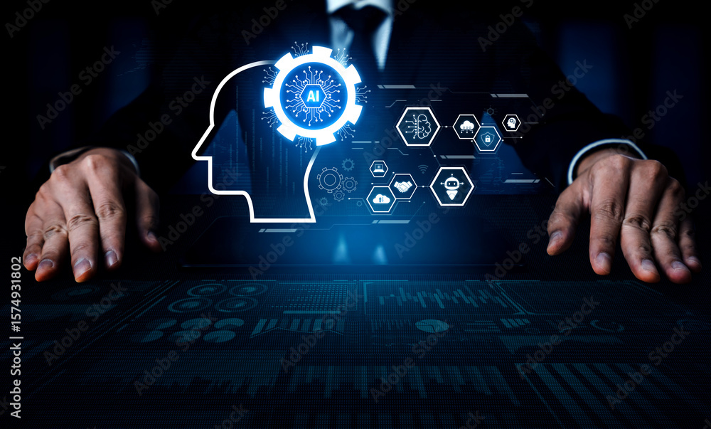 Poster ai integrated with human cognition, supporting decision-making, automation, robotics, data analysis,