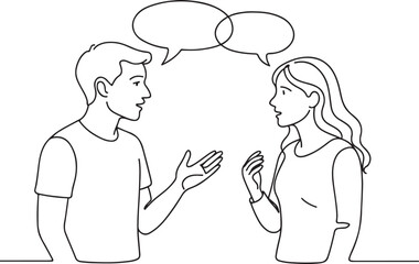 Young Man and Woman Talking Conversation with Speech Bubbles Line Drawing