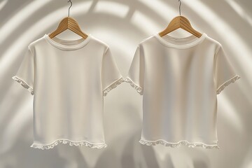Two white stylish t-shirts hanging on wooden hangers for apparel retail and clothing fashion featuring summer casual wear.