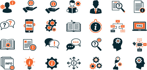  Information Knowledge Sharing line icon set. Vector pictograms of info, FAQ, manual, search, guidance, instruction thin linear illustration.