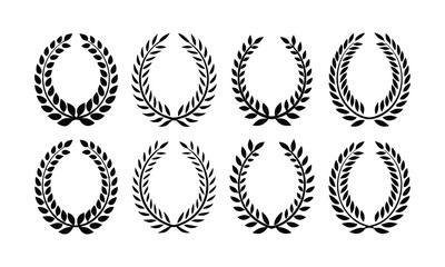 Laurel Wreath Collection: A set of eight distinct laurel wreaths, elegantly designed in classic black silhouettes, perfect for adding a touch of sophistication to any design project.