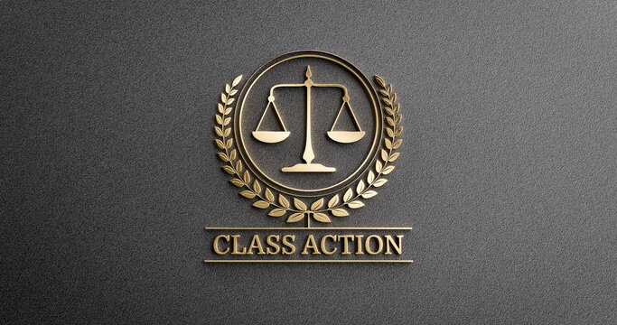 Class Action: Golden Icon with Scales of Justice and text. Legal Concept