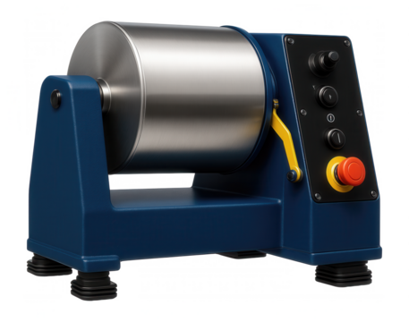 Barrel finishing machine with a rotating drum and variable speed for deburring cast iron parts in a foundry