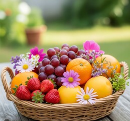 fruits in baskets with flowers