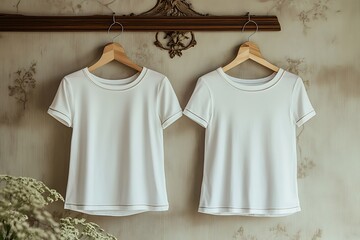 Two plain white cotton tees hang against a subtly textured wall with decorative elements, ready for branding or a casual lifestyle concept.