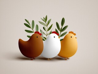 Three stylized chickens in warm colors, surrounded by green leaves, showcasing a homestead garden theme with a charming and playful aesthetic for rural living