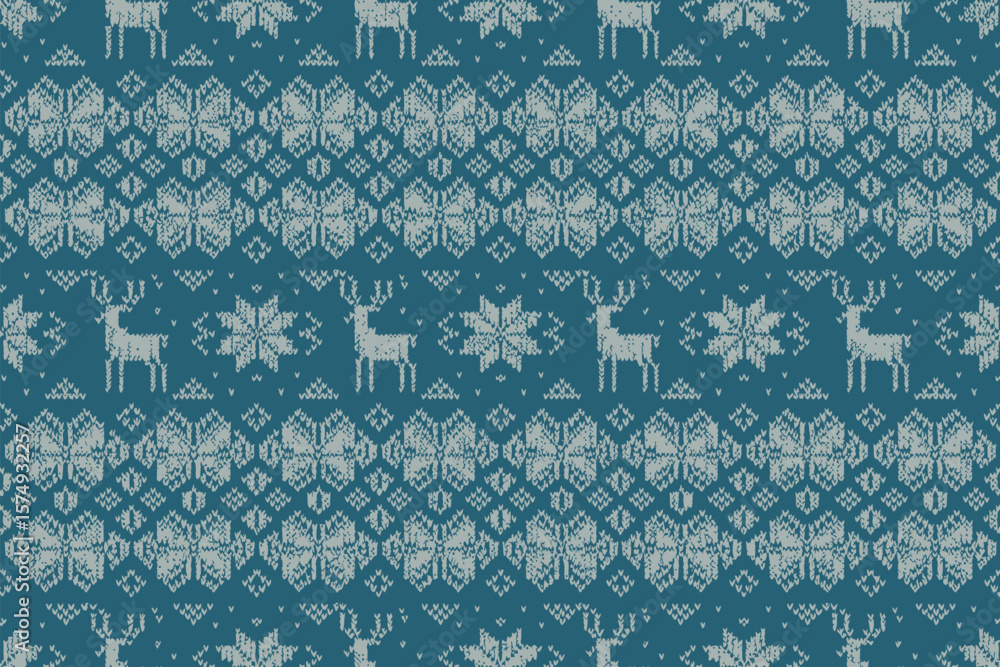 Poster a teal and white knitted pattern featuring reindeer and snowflakes in a repeating horizontal design