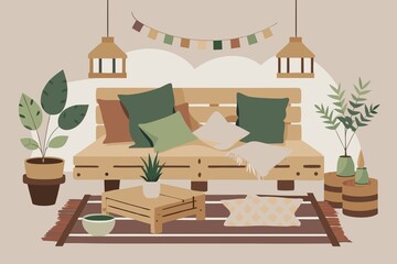 Fototapeta premium Boho Style Living Room Interior with Wooden Furniture and Plants