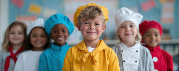 Diverse group of smiling children wearing chef hats and colorful uniforms. Represents teamwork, learning, childhood, cooking fun, and multicultural unity. Ideal for education or community themes.