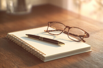Notebook Mockup with Pen and Glasses on Wooden Table