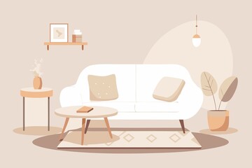 Fototapeta premium Minimalist Living Room Interior with Sofa Tables and Decorative Elements