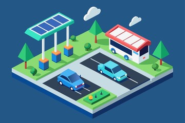 Isometric Cityscape with Solar Charging Station Bus Stop Cars and Greenery