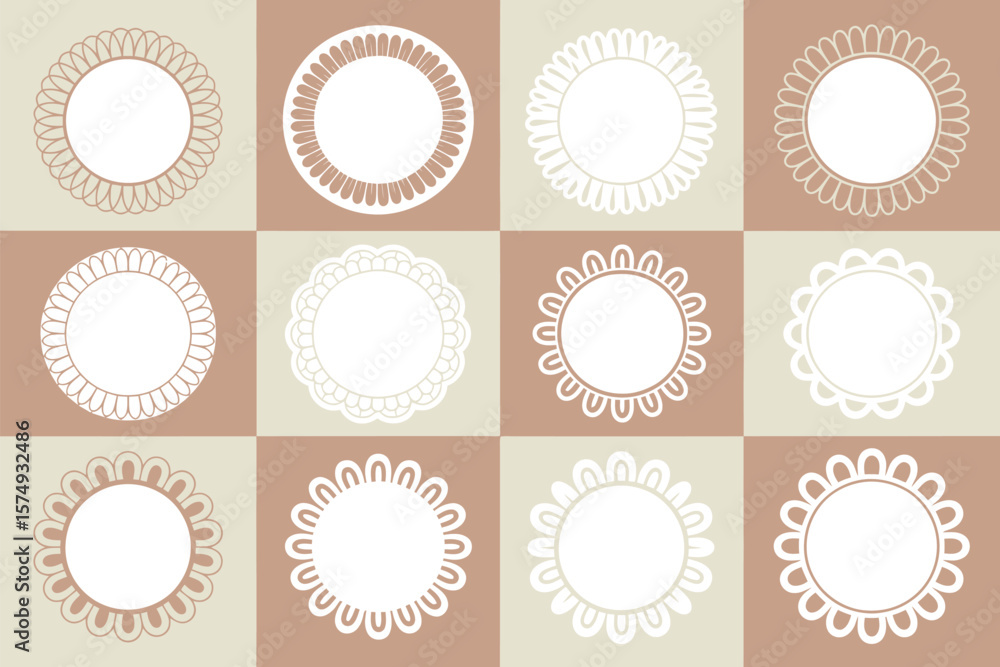 Poster a checkered pattern of beige and brown squares with decorative white circular frames in each square