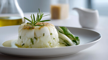 Elegant plated dish of fish and mashed potatoes garnished with rosemary on white plate