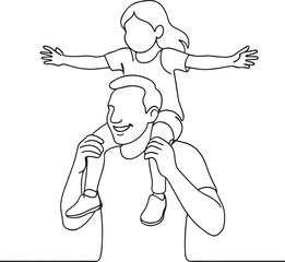 Happy Father Carrying Daughter on Shoulders Line Drawing on White