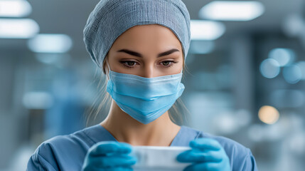 Focused nurse wearing surgical mask and cap in sterile medical environment