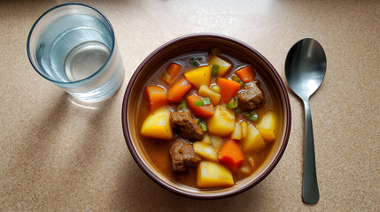 Top view of Japanese beef curry with potatoes and carrots served in a bowl