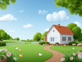 Homestead-style vegetable garden with vibrant flowers, chickens roaming freely, and a cozy house surrounded by lush greenery and a winding path leading to the entrance