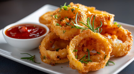 Crispy golden onion rings served on a white plate with ketchup and garnish
