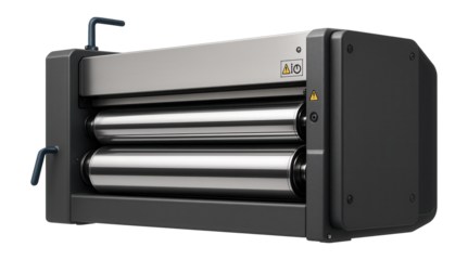 Industrial roller coater with a wide application head and heated rollers for laminating processes in furniture factories