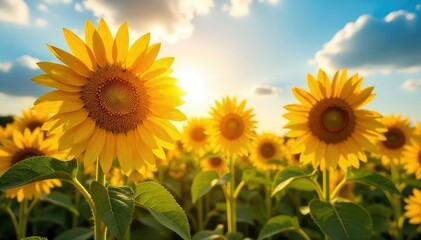 Vibrant sunflowers basking in the warm glow of summer sunlight, their faces turned towards the golden rays A breathtaking display of nature's beauty and the power of the sun , wallpaper, sunlight