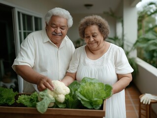 Elderly couple joyfully harvesting fresh vegetables from their urban garden, showcasing vibrant greens and a sense of community connection in a serene outdoor setting